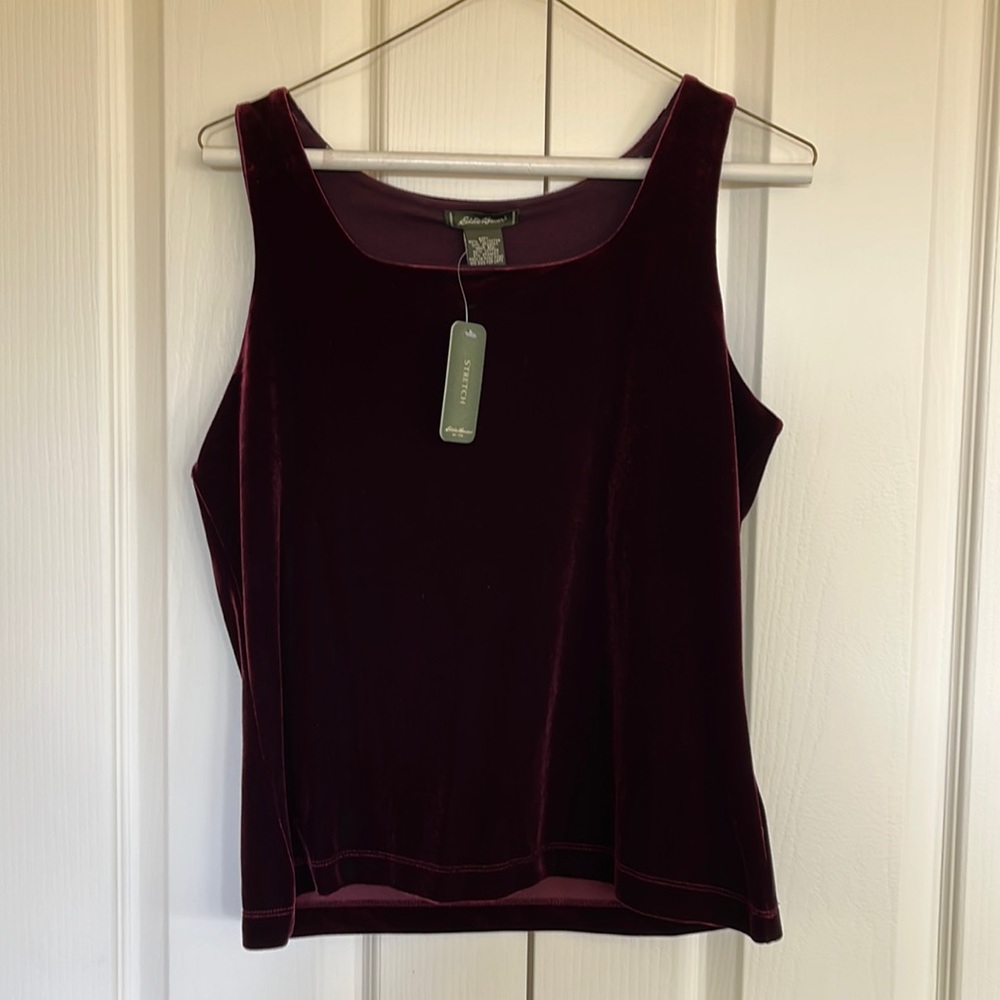 Burgundy velour top with bralette inside.Stretch wear by Eddie Bauer